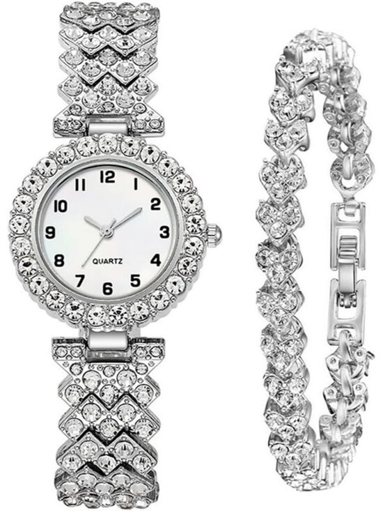 Women Silver Analog Fashion Diamond Bangle Bracelet Set Luxury Round Wrist Watch main image 6